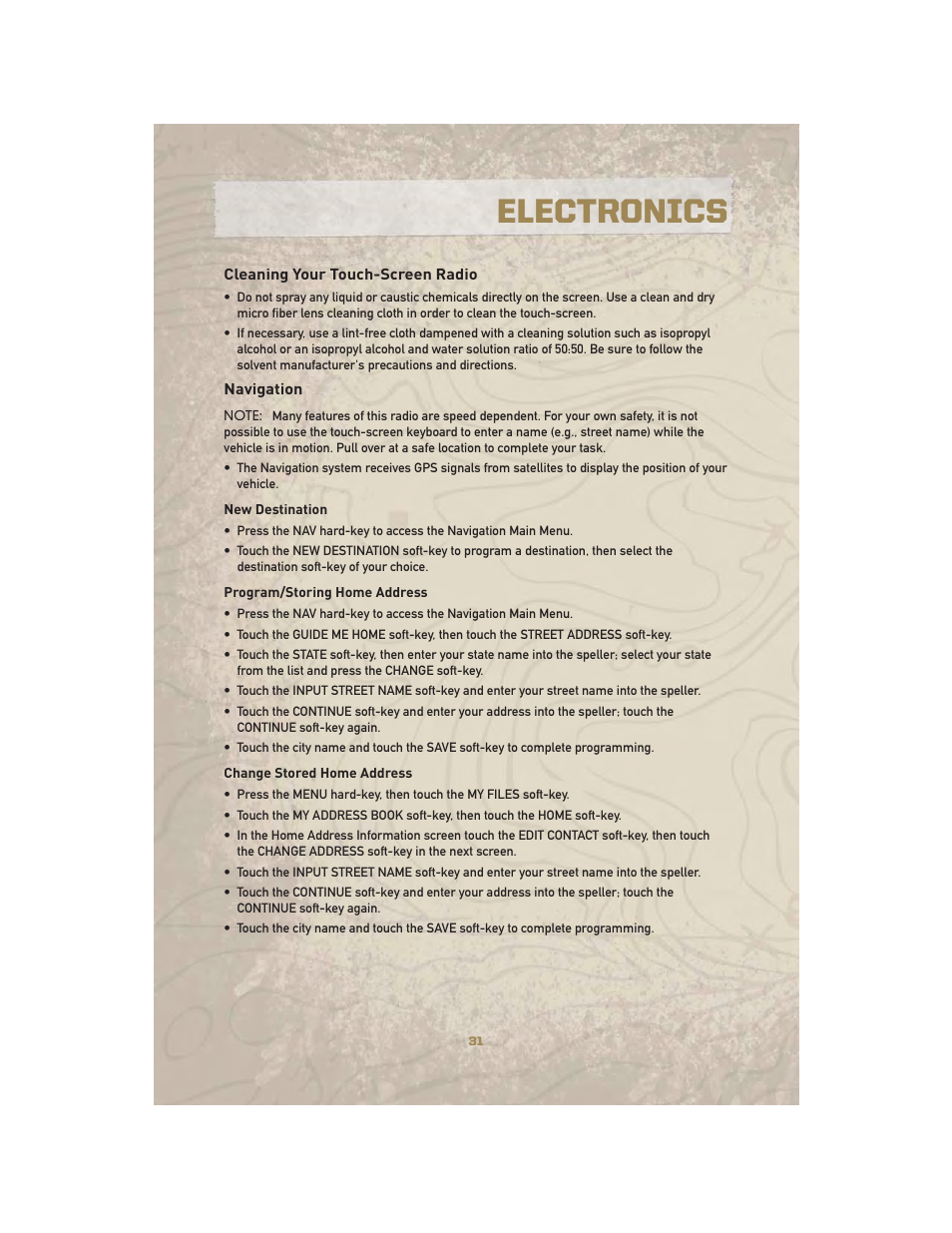 Cleaning your touch-screen radio, Navigation, Electronics | Jeep 2010 Liberty - User Guide User Manual | Page 33 / 80