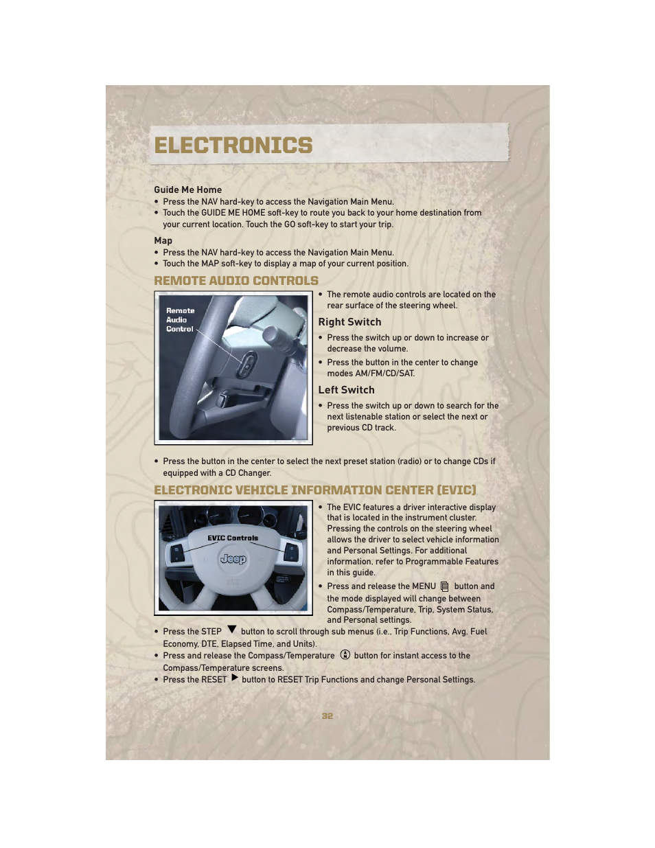 Remote audio controls, Right switch, Left switch | Electronic vehicle information center (evic), Electronics | Jeep 2010 Liberty - User Guide User Manual | Page 34 / 80