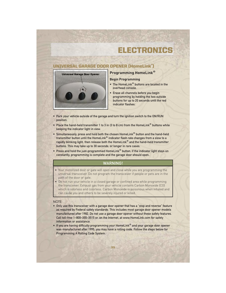 Universal garage door opener (homelink®), Programming homelink, Electronics | Universal garage door opener (homelink, Warning | Jeep 2010 Liberty - User Guide User Manual | Page 35 / 80