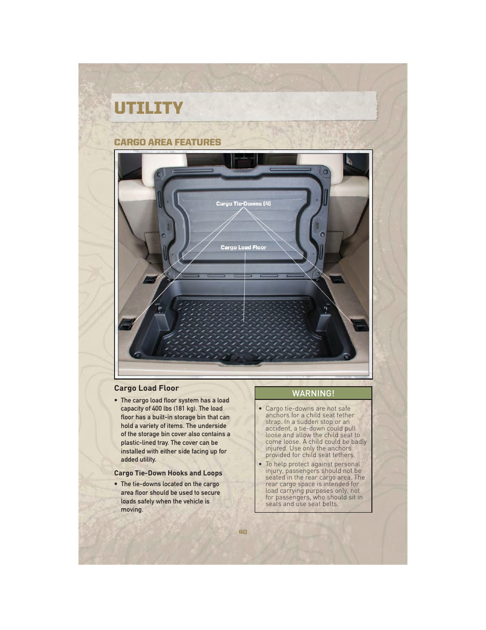Utility, Cargo area features, Cargo load floor | Jeep 2010 Liberty - User Guide User Manual | Page 42 / 80