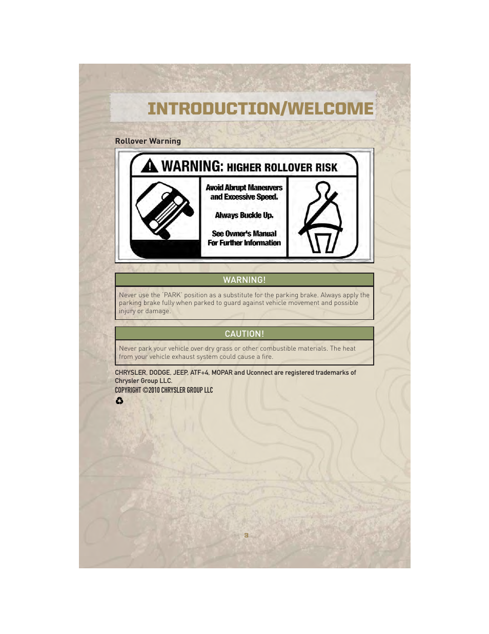 Rollover warning, Introduction/welcome | Jeep 2010 Liberty - User Guide User Manual | Page 5 / 80