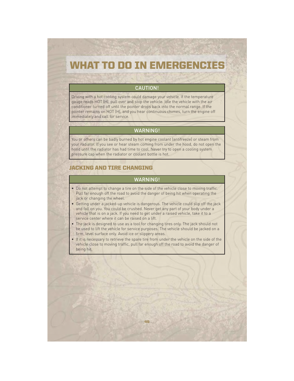 Jacking and tire changing, What to do in emergencies | Jeep 2010 Liberty - User Guide User Manual | Page 51 / 80