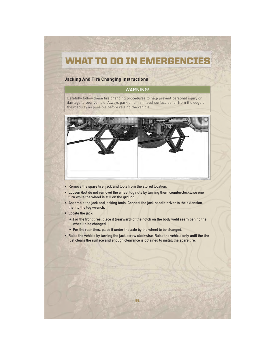 Jacking and tire changing instructions, What to do in emergencies | Jeep 2010 Liberty - User Guide User Manual | Page 53 / 80