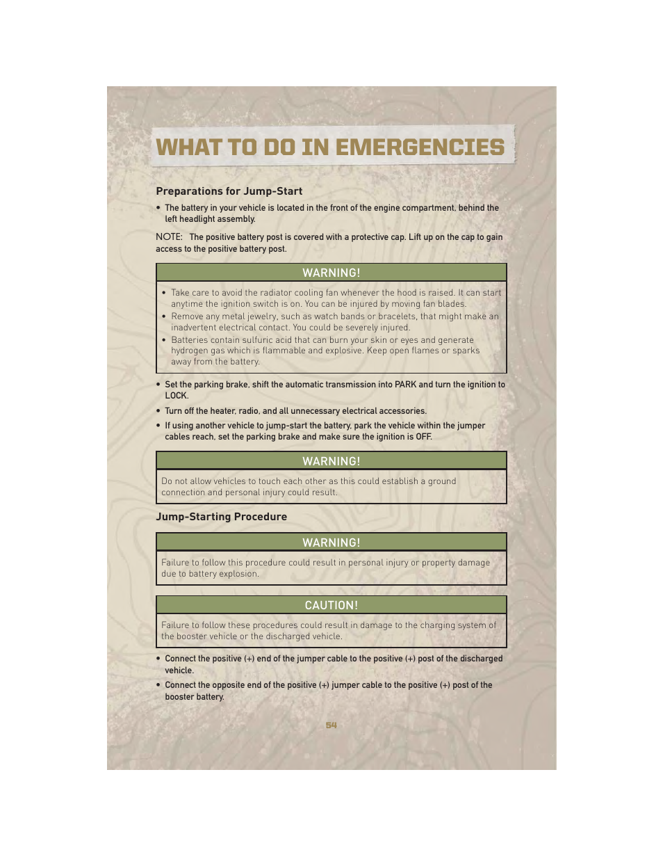 Preparations for jump-start, Jump-starting procedure, What to do in emergencies | Jeep 2010 Liberty - User Guide User Manual | Page 56 / 80