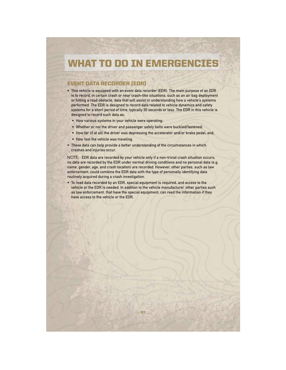 Event data recorder (edr), What to do in emergencies | Jeep 2010 Liberty - User Guide User Manual | Page 59 / 80