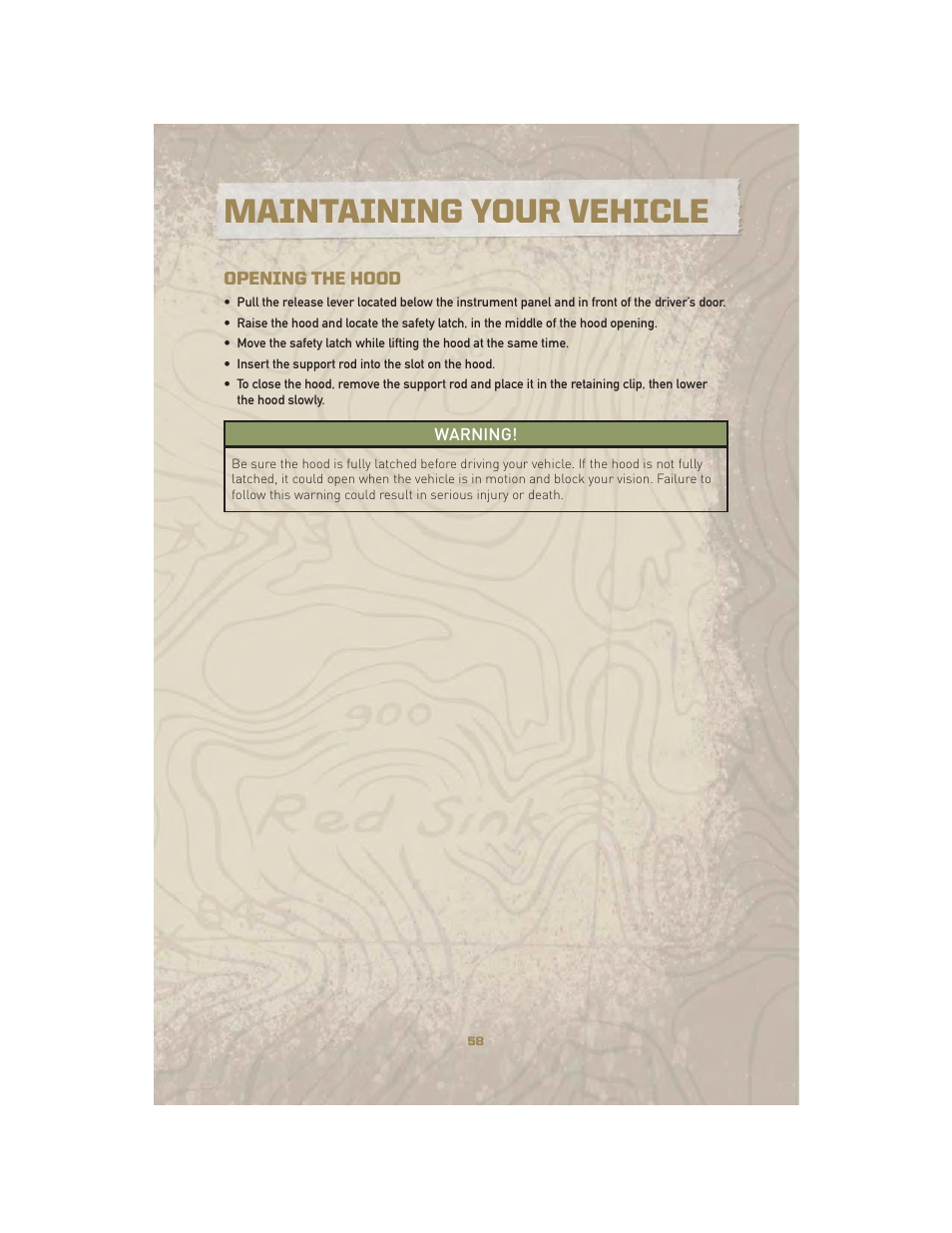 Maintaining your vehicle, Opening the hood, Engine compartment | Jeep 2010 Liberty - User Guide User Manual | Page 60 / 80