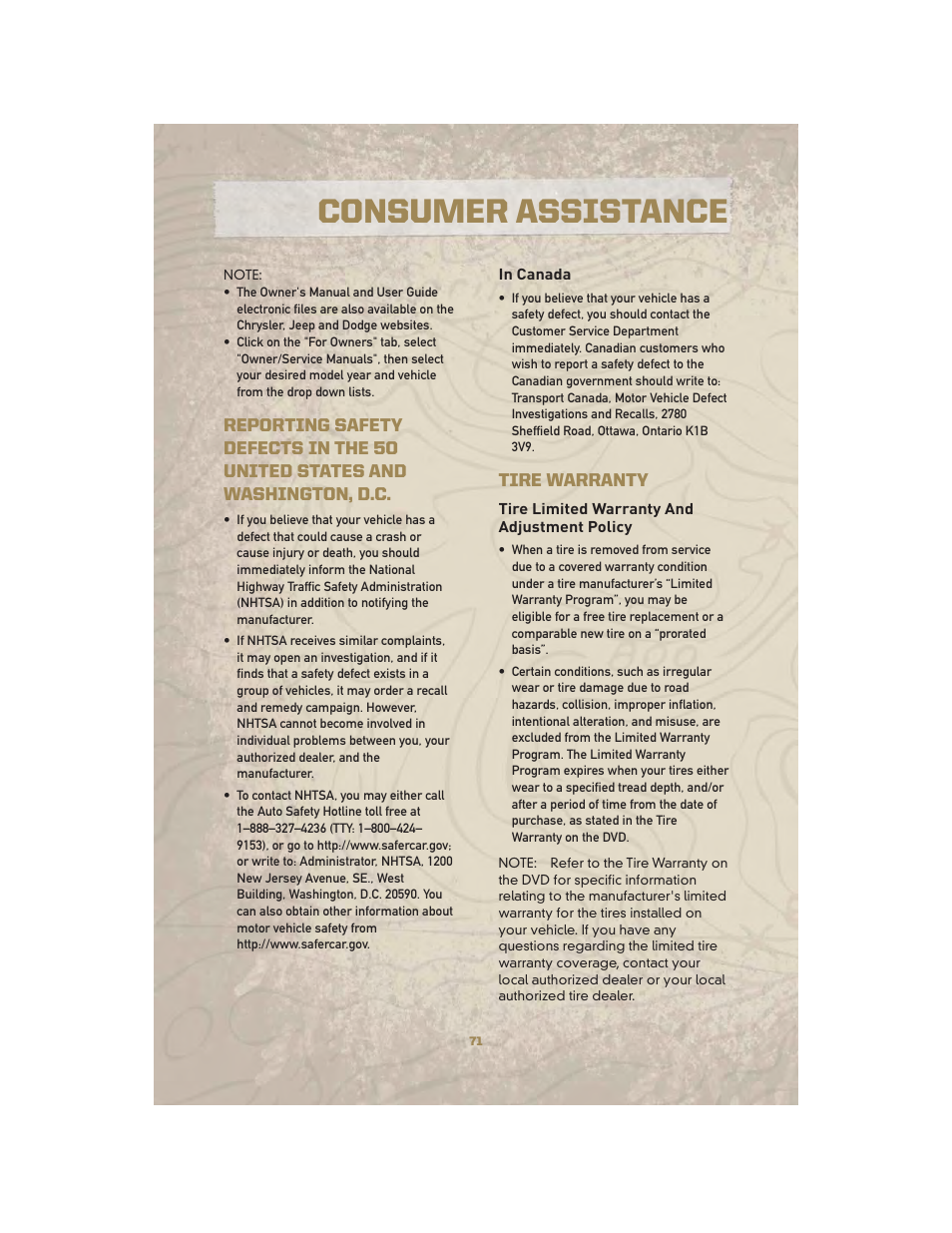 In canada, Tire warranty, Tire limited warranty and adjustment policy | Consumer assistance | Jeep 2010 Liberty - User Guide User Manual | Page 73 / 80