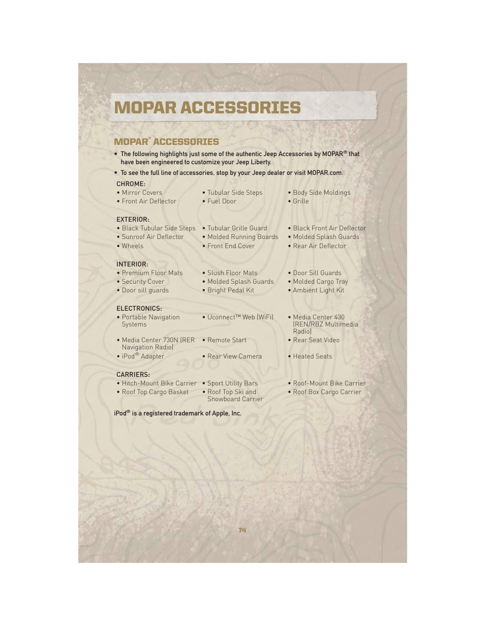 Mopar accessories, Mopar® accessories, Mopar | Accessories | Jeep 2010 Liberty - User Guide User Manual | Page 76 / 80