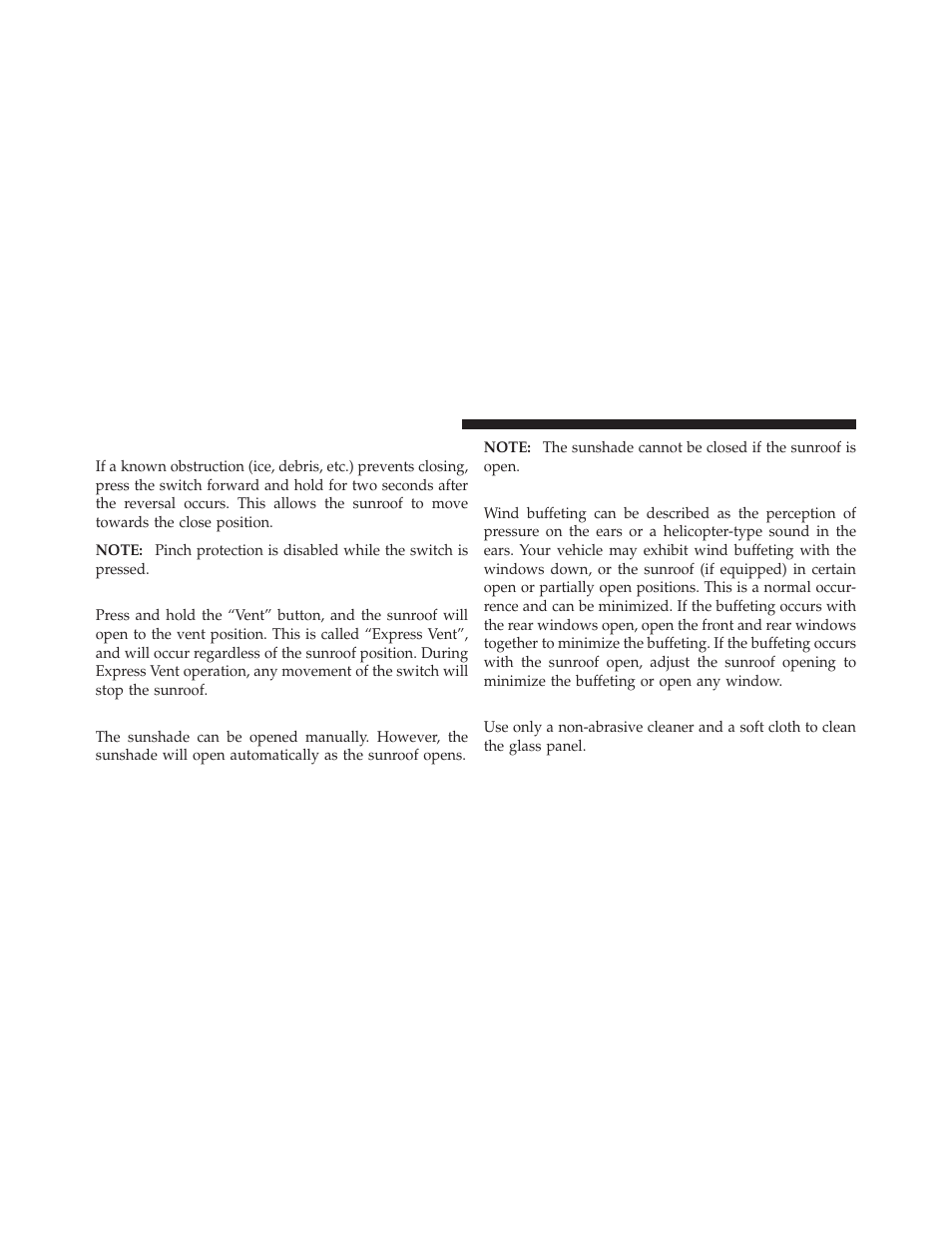 Pinch protect override, Venting sunroof — express, Sunshade operation | Wind buffeting, Sunroof maintenance, Manual transaxle, To accelerate for passing | Jeep 2010 Patriot - Owner Manual User Manual | Page 165 / 496