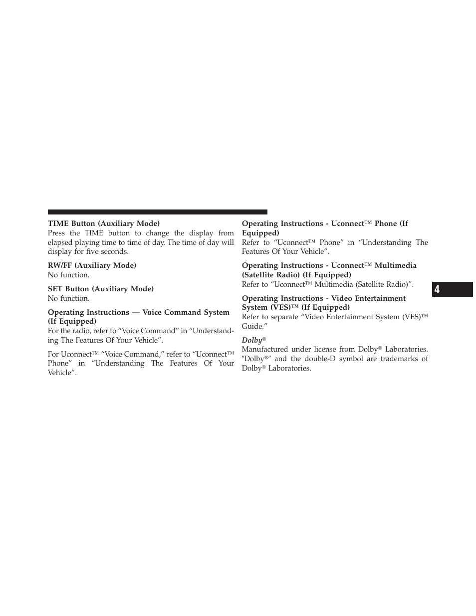 Media center 230 (req) — am/fm stereo, Radio and 6–disc cd/dvd changer (mp3/wma aux jack), Operating instructions - radio mode | Jeep 2010 Patriot - Owner Manual User Manual | Page 228 / 496