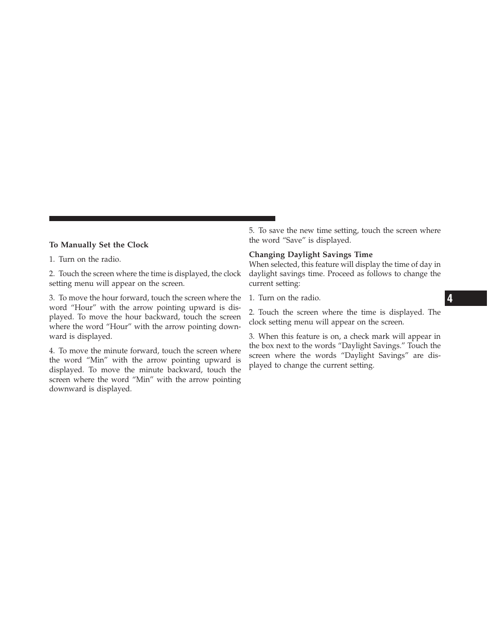 Clock setting procedure — rbz radio | Jeep 2010 Patriot - Owner Manual User Manual | Page 230 / 496