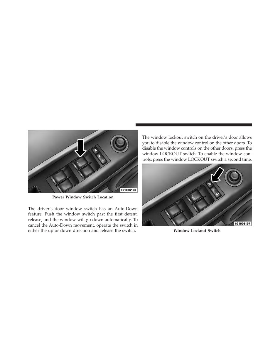 Auto-down, Window lockout switch | Jeep 2010 Patriot - Owner Manual User Manual | Page 35 / 496