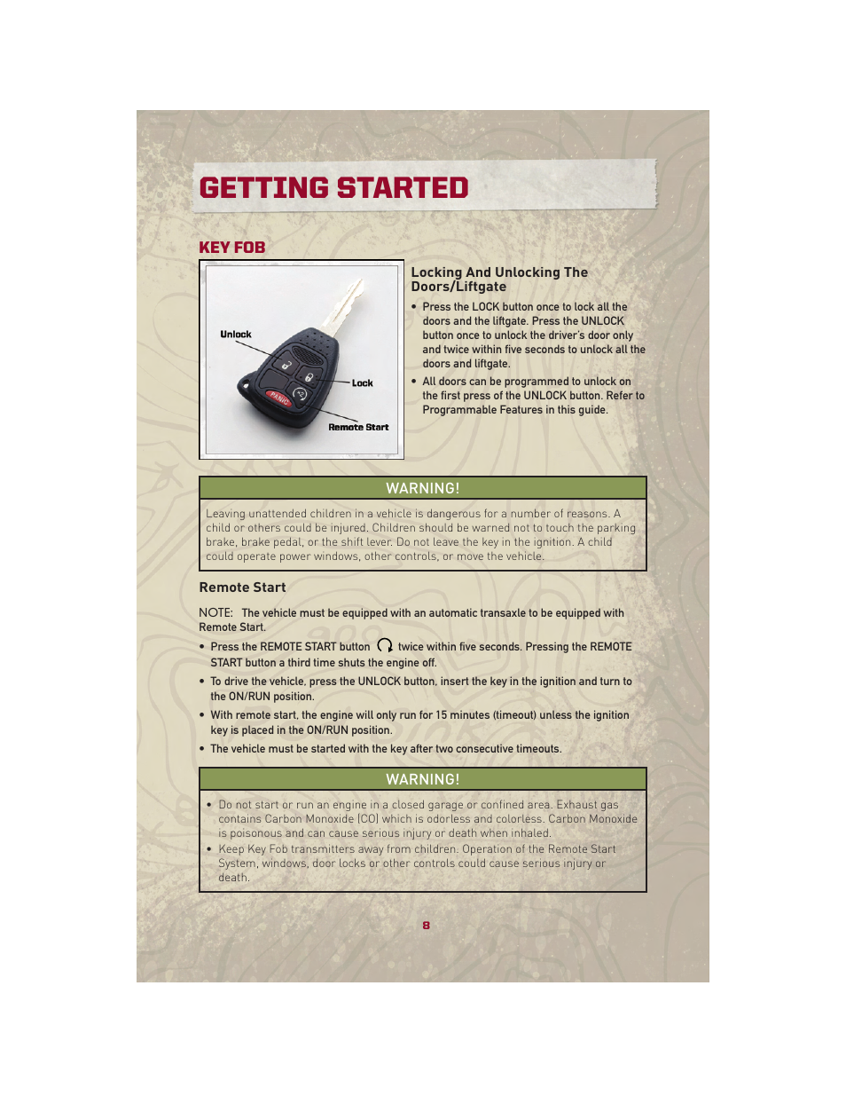 Getting started, Key fob, Locking and unlocking the doors/liftgate | Remote start | Jeep 2010 Patriot - User Guide User Manual | Page 10 / 72