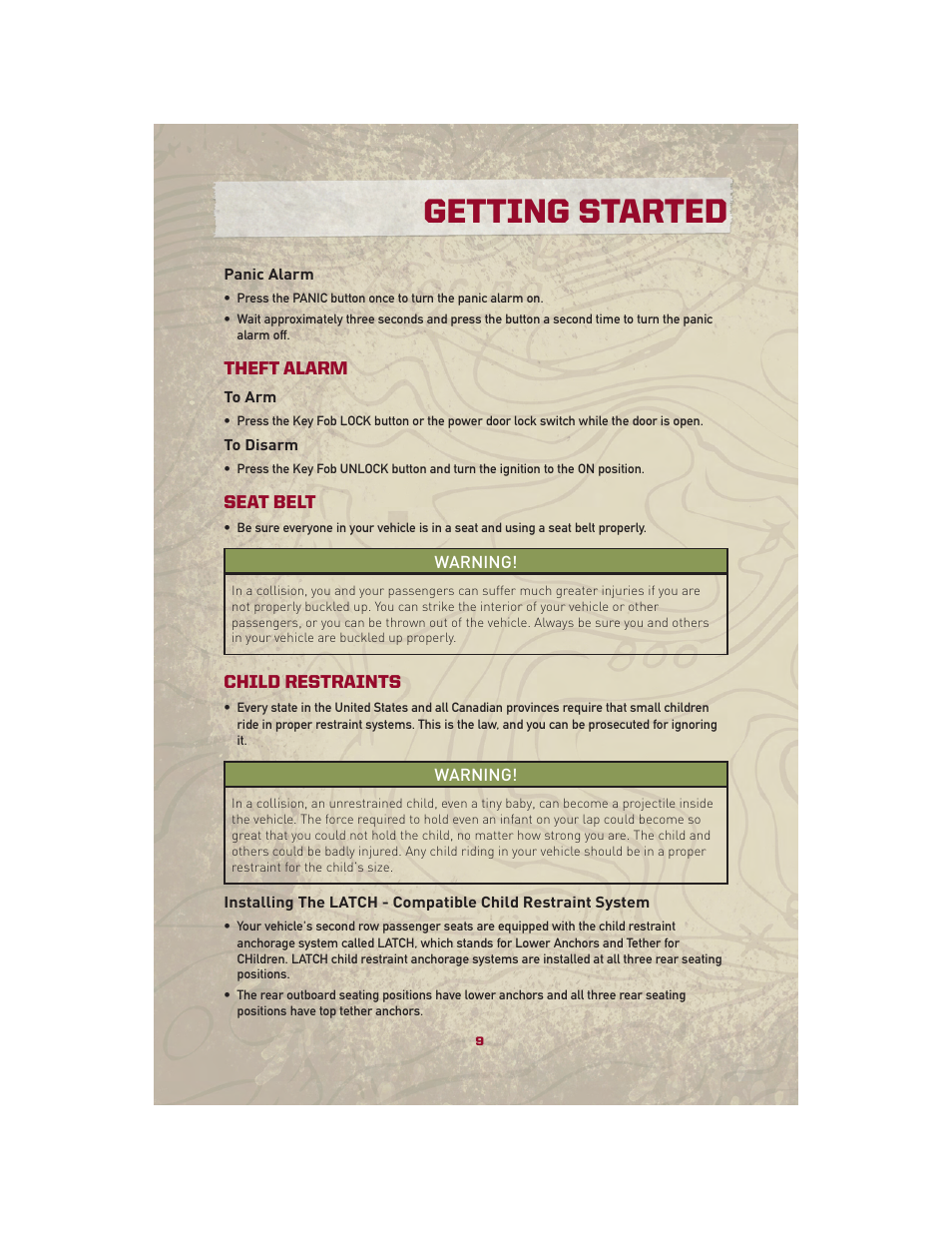 Panic alarm, Theft alarm, To arm | To disarm, Seat belt, Child restraints, Getting started | Jeep 2010 Patriot - User Guide User Manual | Page 11 / 72