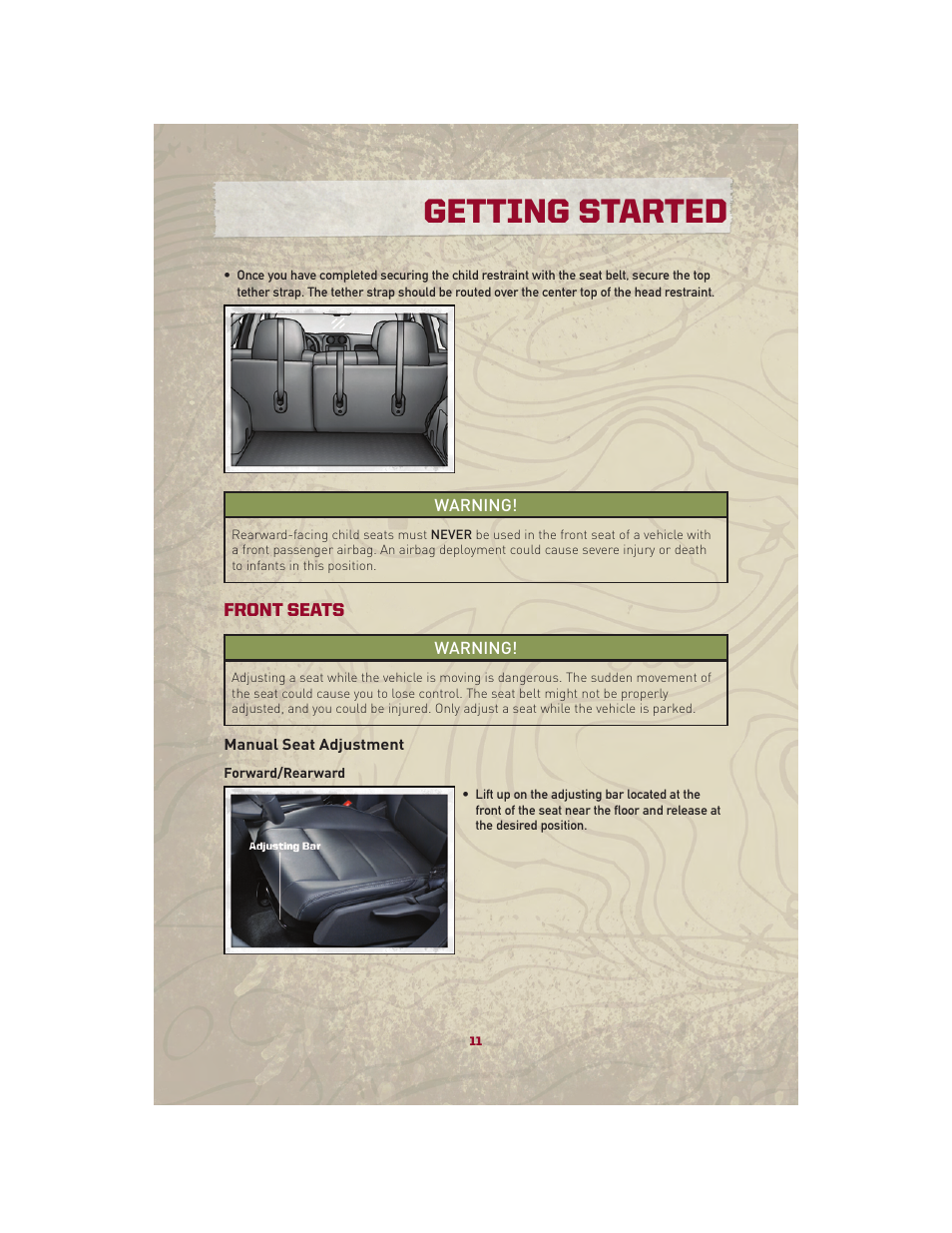 Front seats, Manual seat adjustment, Getting started | Jeep 2010 Patriot - User Guide User Manual | Page 13 / 72