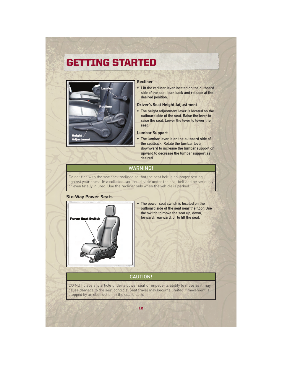 Six-way power seats, Getting started | Jeep 2010 Patriot - User Guide User Manual | Page 14 / 72