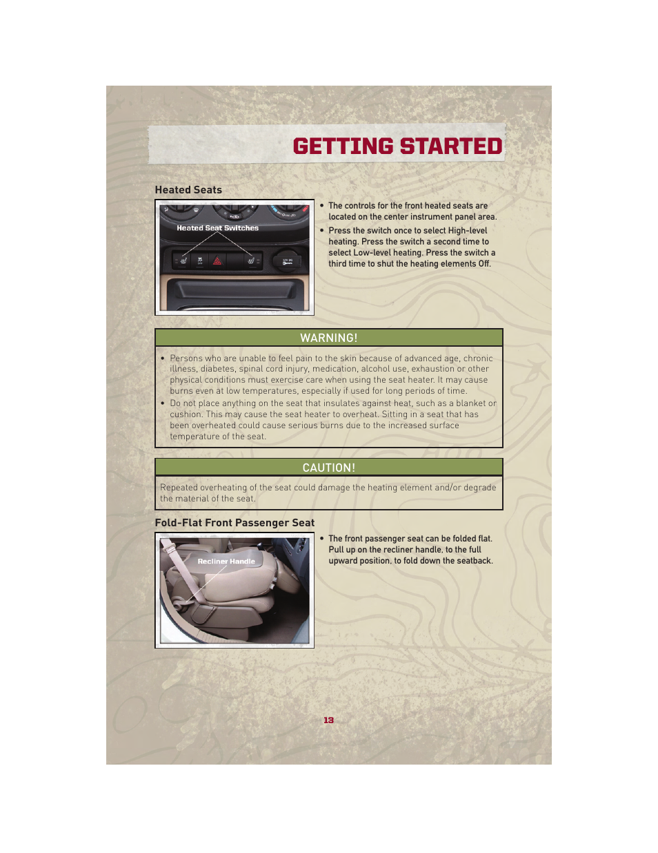 Heated seats, Fold-flat front passenger seat, Getting started | Jeep 2010 Patriot - User Guide User Manual | Page 15 / 72