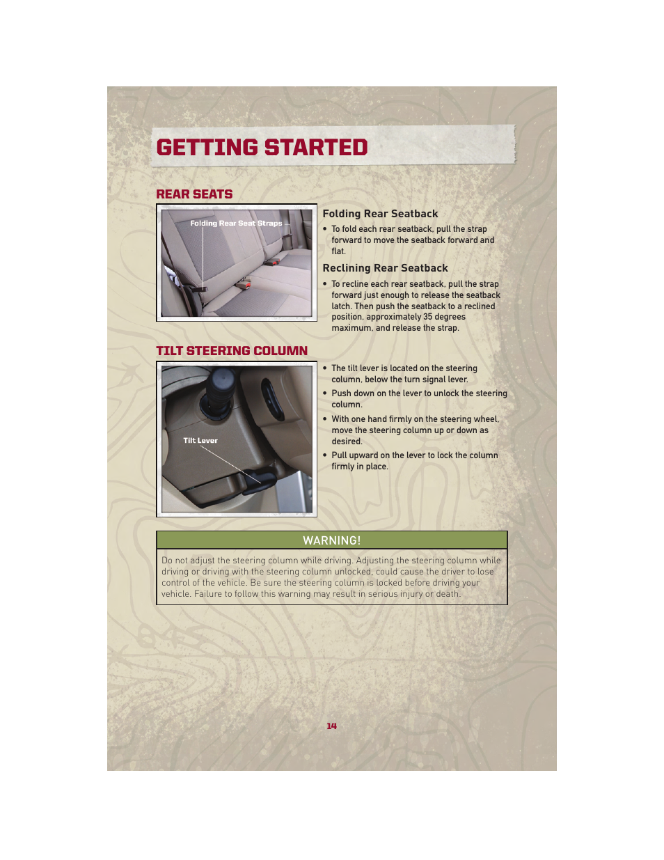 Rear seats, Folding rear seatback, Reclining rear seatback | Tilt steering column, Getting started | Jeep 2010 Patriot - User Guide User Manual | Page 16 / 72