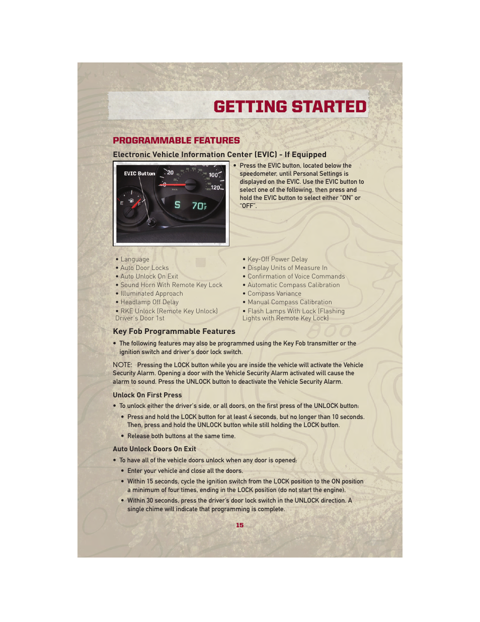 Programmable features, Key fob programmable features, Getting started | Jeep 2010 Patriot - User Guide User Manual | Page 17 / 72