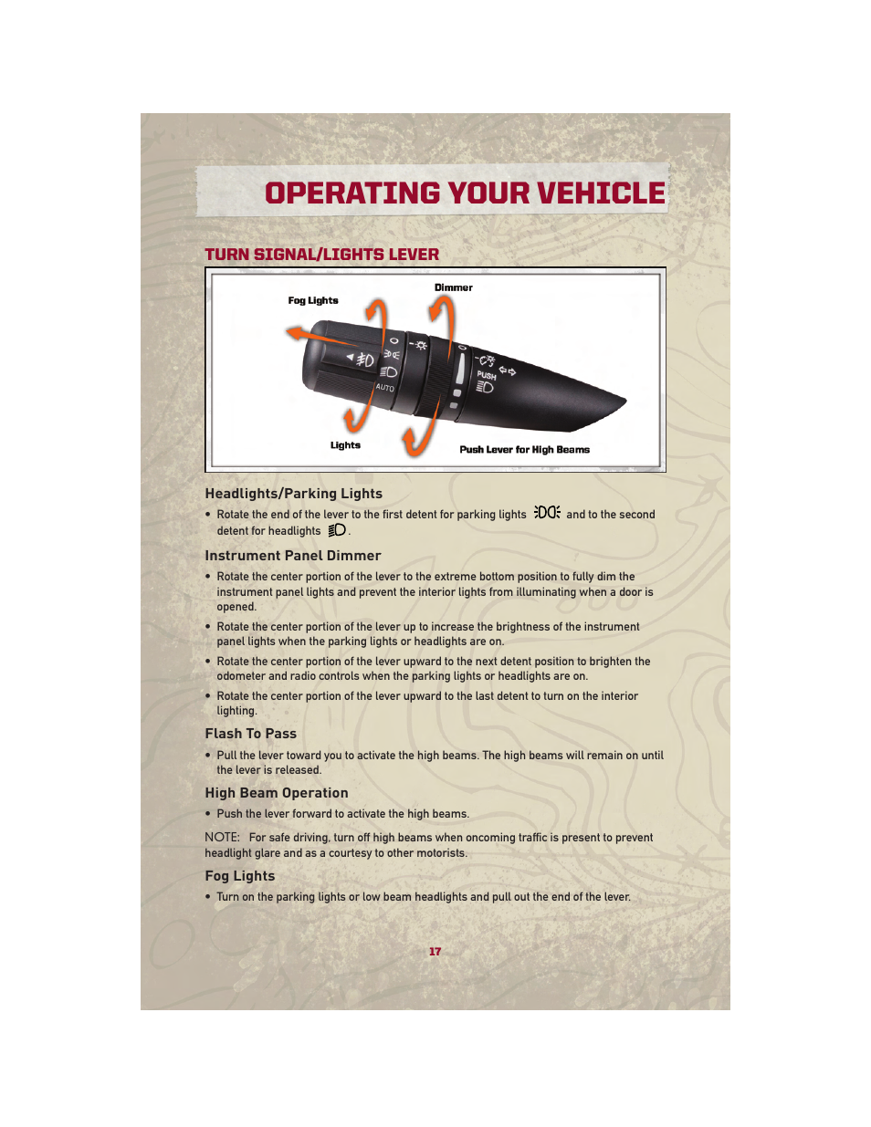 Operating your vehicle, Turn signal/lights lever, Headlights/parking lights | Instrument panel dimmer, Flash to pass, High beam operation, Fog lights | Jeep 2010 Patriot - User Guide User Manual | Page 19 / 72