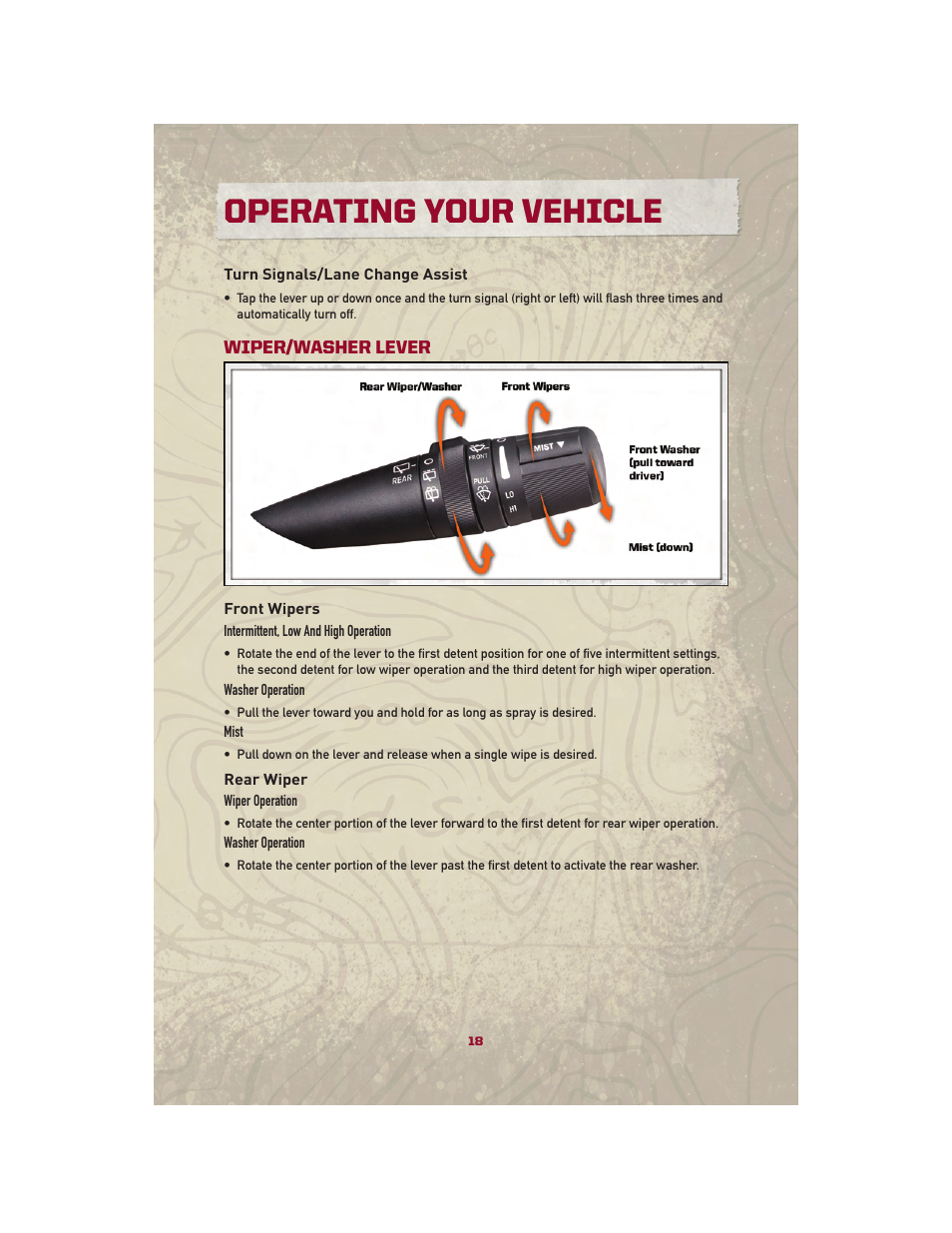 Turn signals/lane change assist, Wiper/washer lever, Front wipers | Rear wiper, Operating your vehicle | Jeep 2010 Patriot - User Guide User Manual | Page 20 / 72
