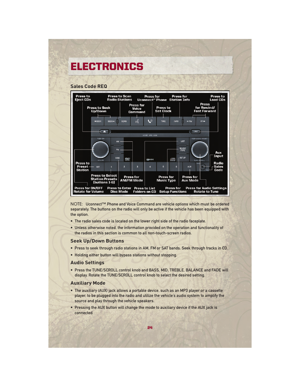 Sales code req, Seek up/down buttons, Audio settings | Auxiliary mode, Electronics | Jeep 2010 Patriot - User Guide User Manual | Page 26 / 72