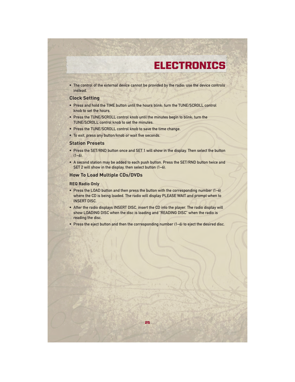 Clock setting, Station presets, How to load multiple cds/dvds | Electronics | Jeep 2010 Patriot - User Guide User Manual | Page 27 / 72