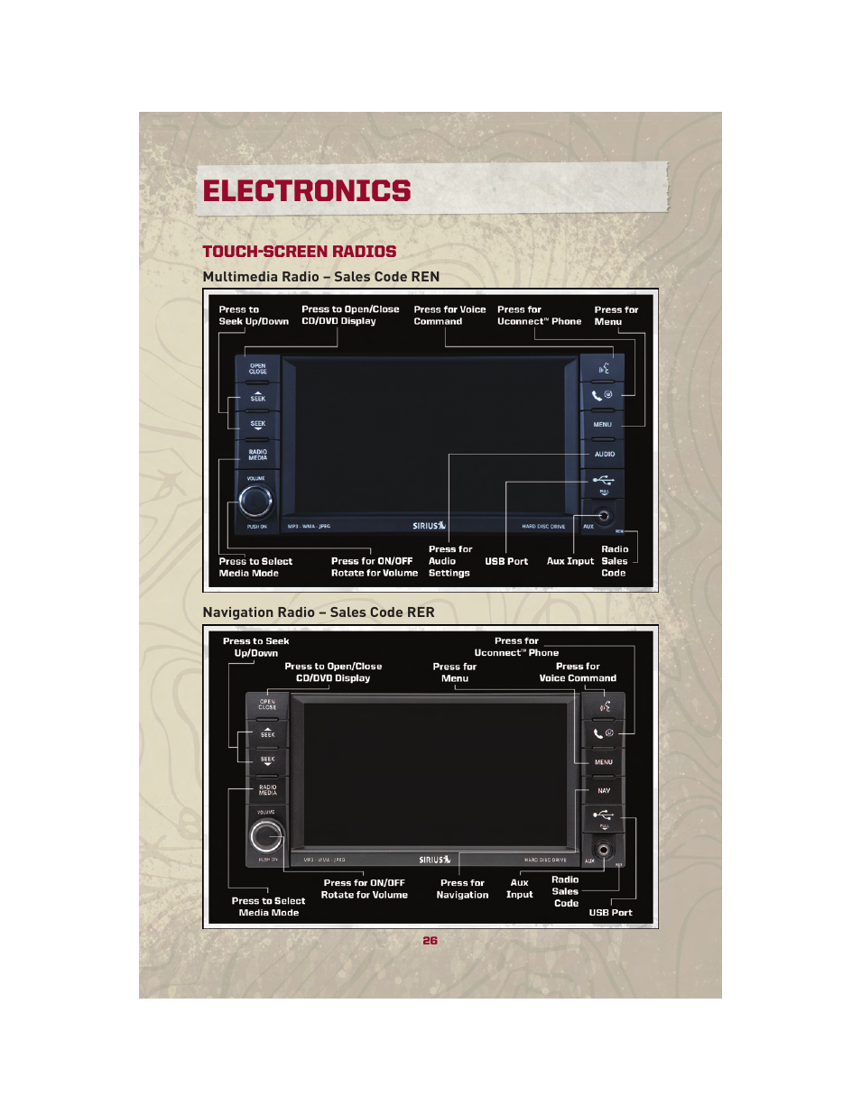 Touch-screen radios, Multimedia radio – sales code ren, Navigation radio – sales code rer | Electronics | Jeep 2010 Patriot - User Guide User Manual | Page 28 / 72