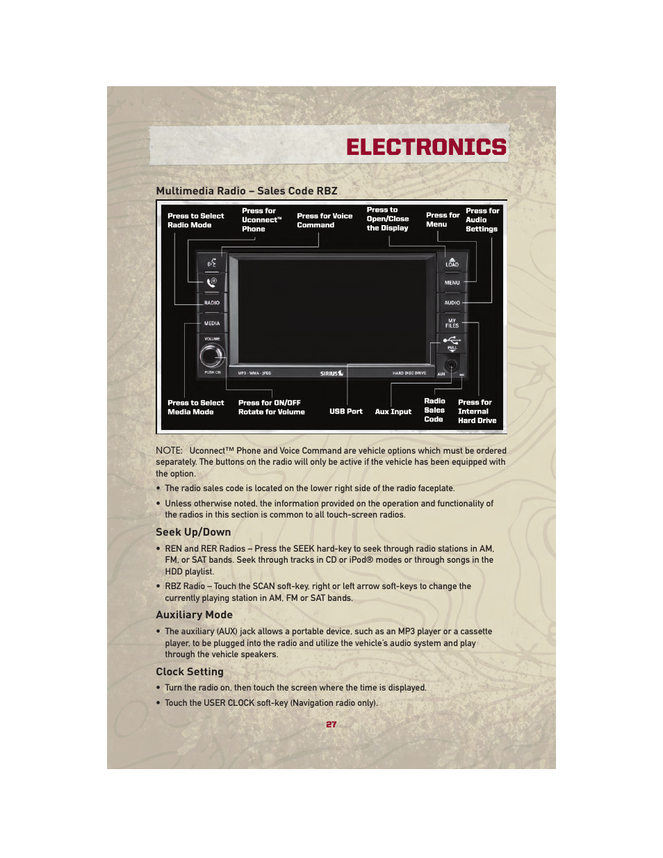 Multimedia radio – sales code rbz, Seek up/down, Auxiliary mode | Clock setting, Electronics | Jeep 2010 Patriot - User Guide User Manual | Page 29 / 72