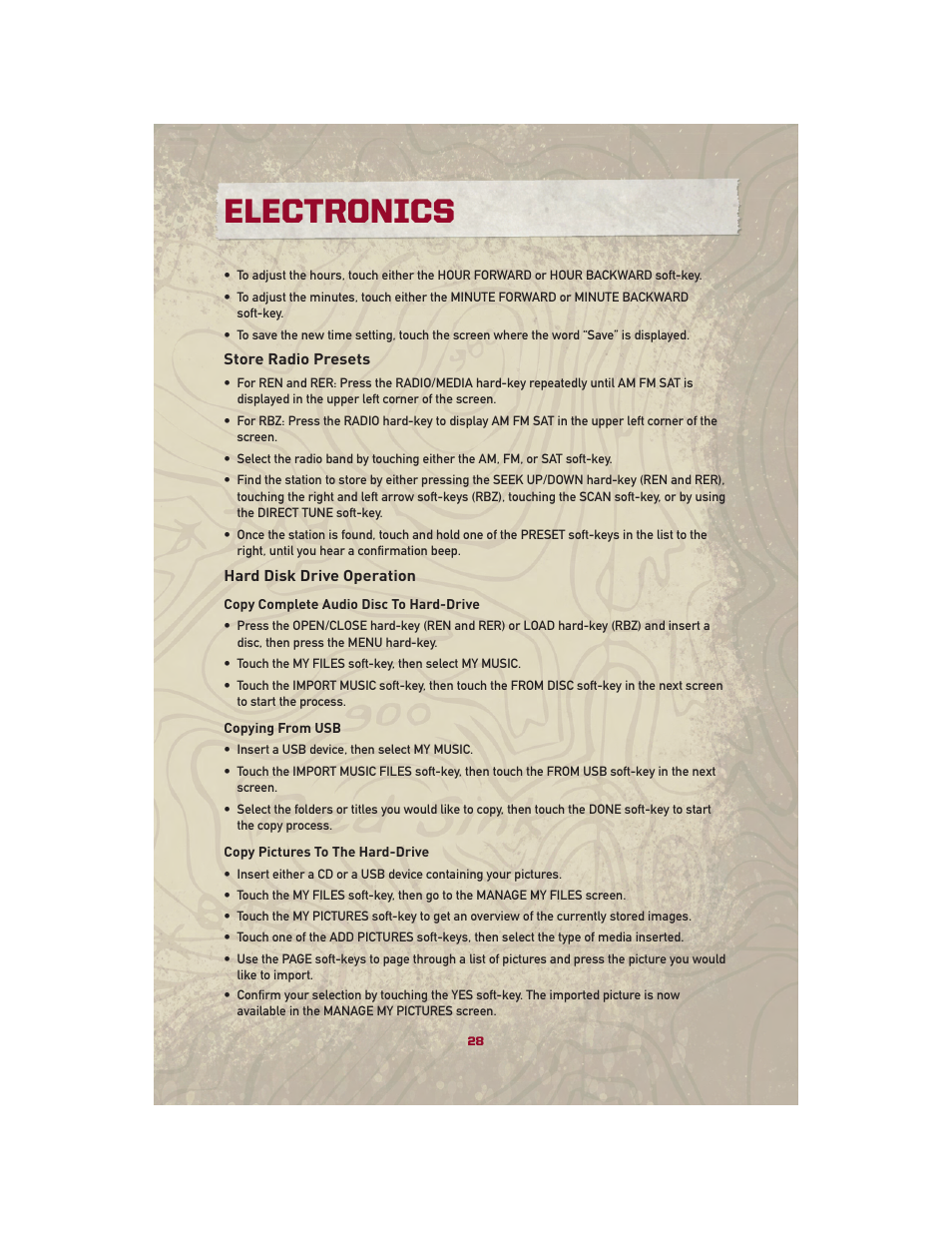 Store radio presets, Hard disk drive operation, Electronics | Jeep 2010 Patriot - User Guide User Manual | Page 30 / 72