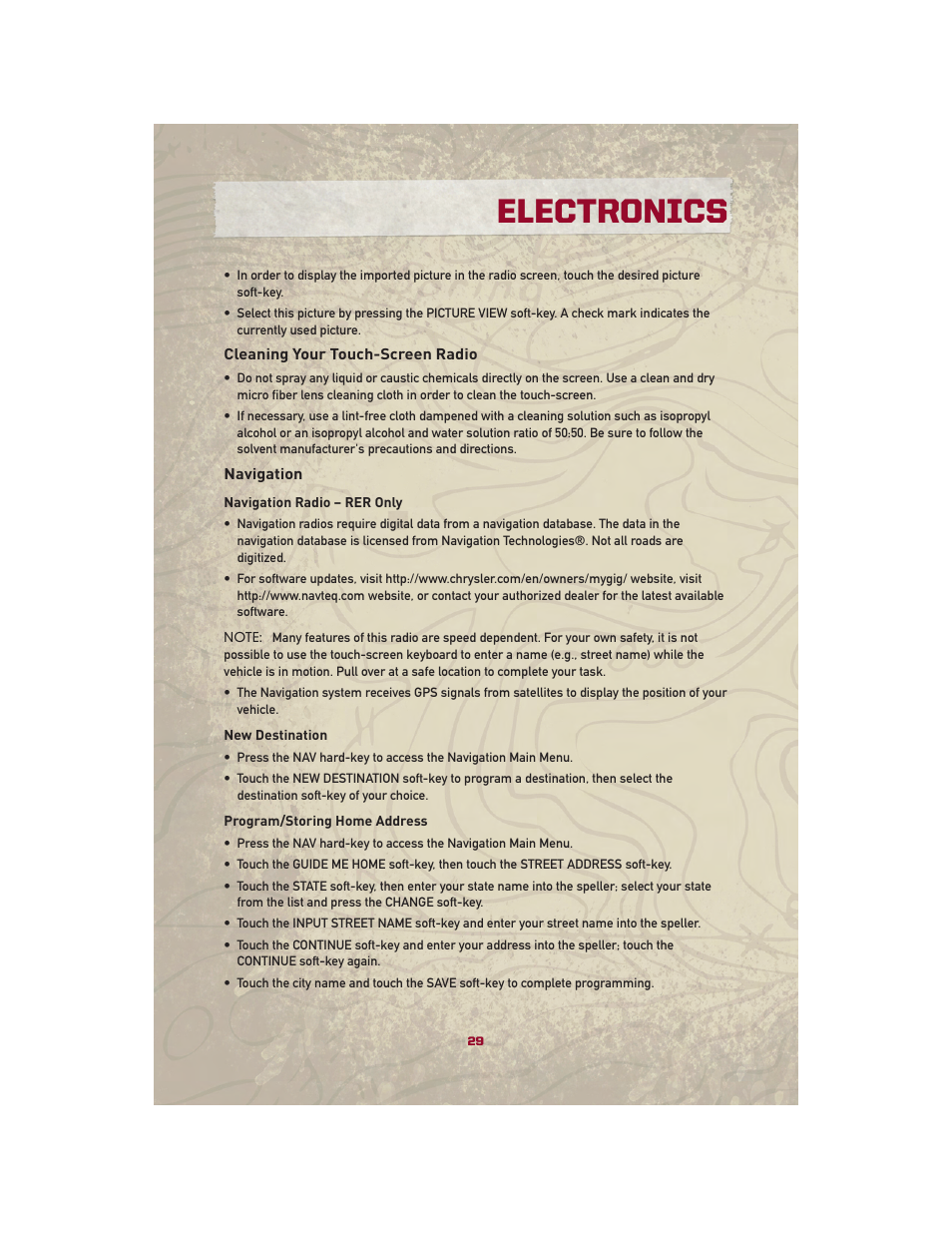 Cleaning your touch-screen radio, Navigation, Electronics | Jeep 2010 Patriot - User Guide User Manual | Page 31 / 72