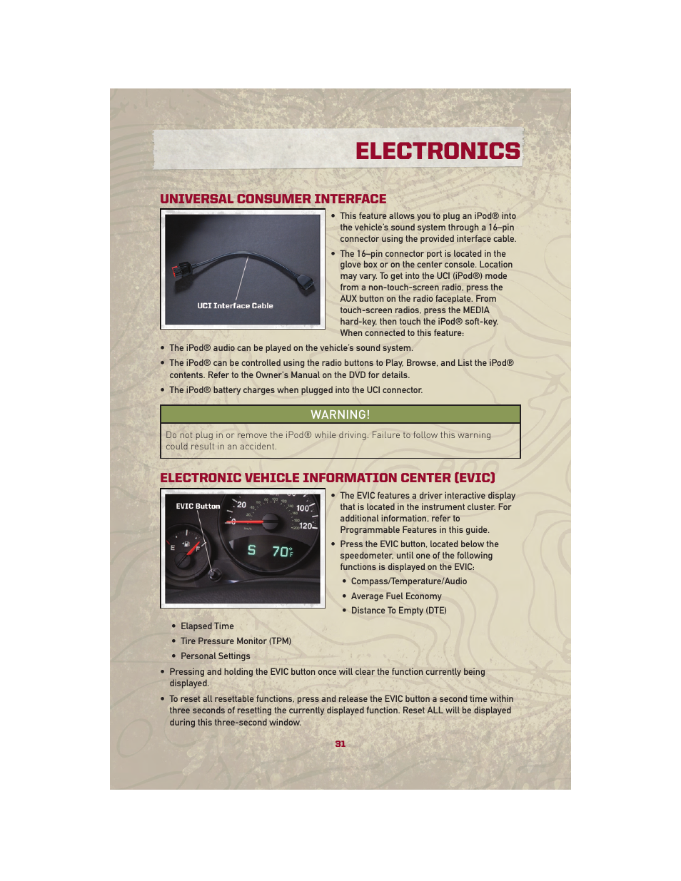 Universal consumer interface, Electronic vehicle information center (evic), Electronics | Jeep 2010 Patriot - User Guide User Manual | Page 33 / 72