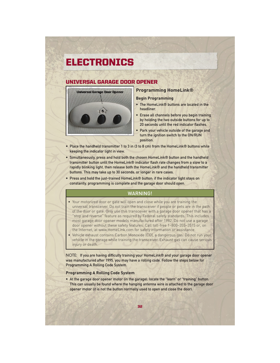 Universal garage door opener, Programming homelink, Electronics | Jeep 2010 Patriot - User Guide User Manual | Page 34 / 72