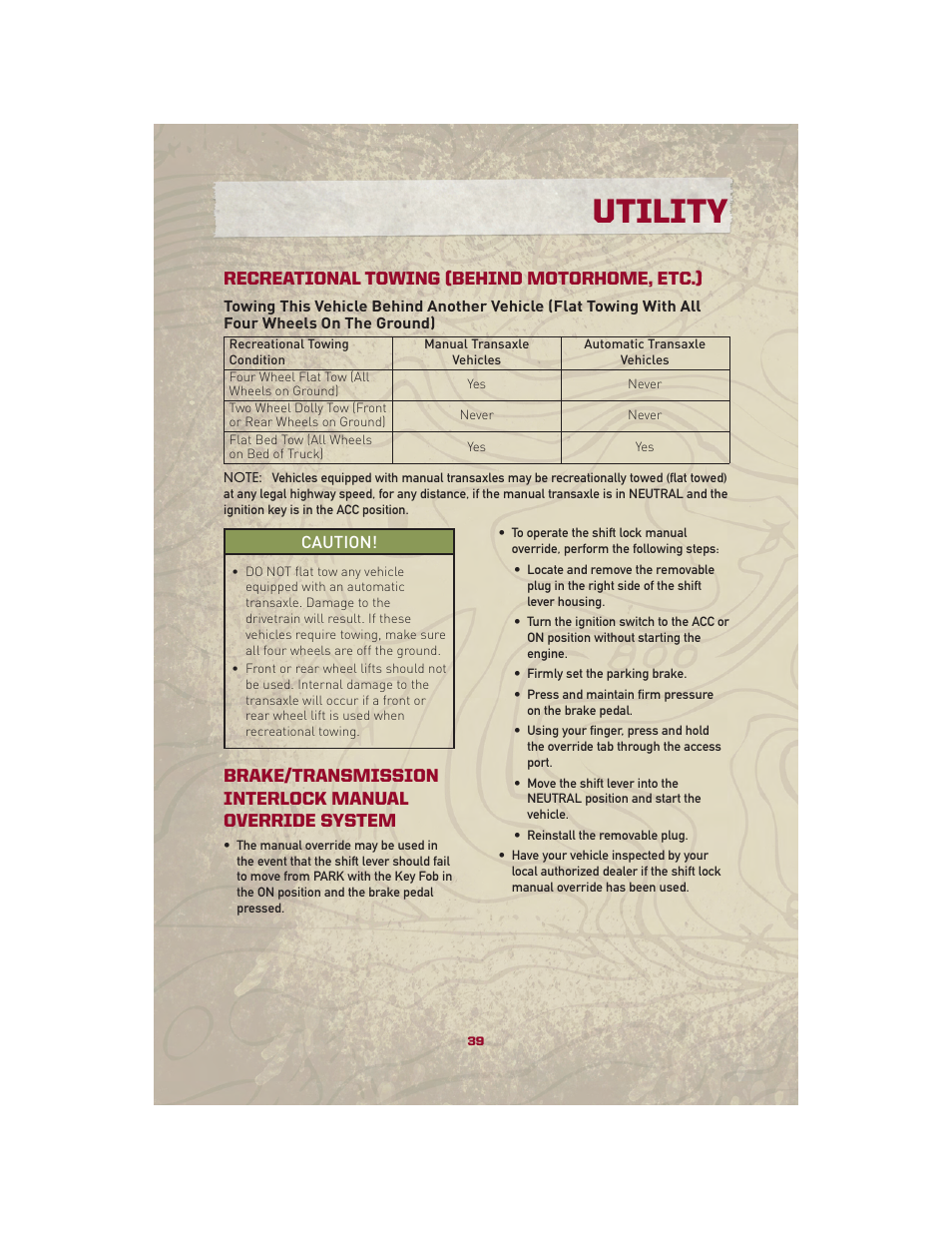 Recreational towing (behind motorhome, etc.), Utility | Jeep 2010 Patriot - User Guide User Manual | Page 41 / 72