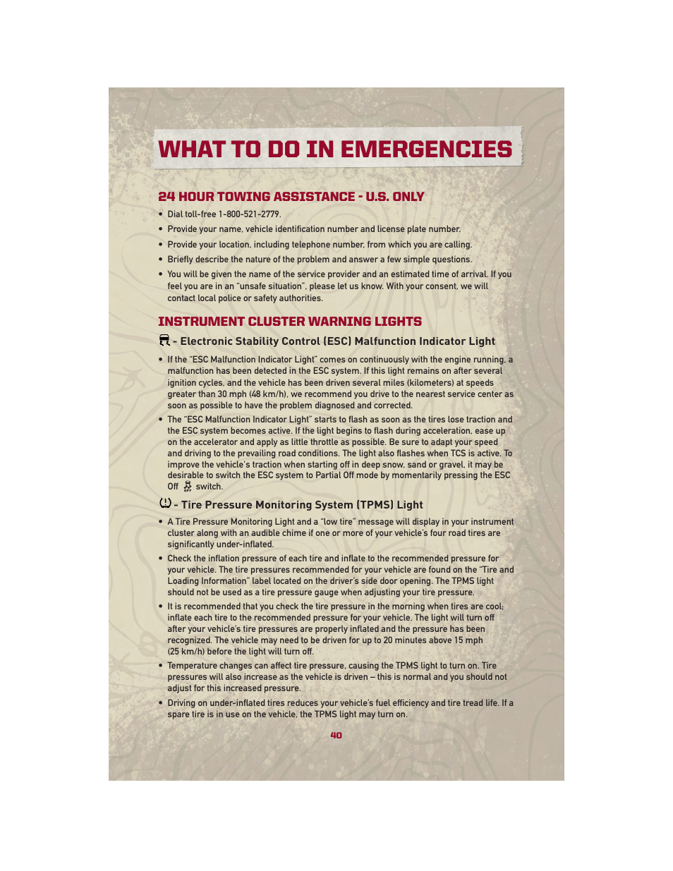 What to do in emergencies, 24 hour towing assistance - u.s. only, Instrument cluster warning lights | Tire pressure monitoring system (tpms) light | Jeep 2010 Patriot - User Guide User Manual | Page 42 / 72