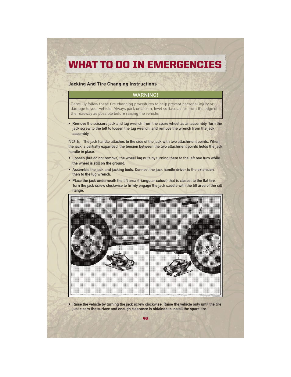 Jacking and tire changing instructions, What to do in emergencies | Jeep 2010 Patriot - User Guide User Manual | Page 48 / 72