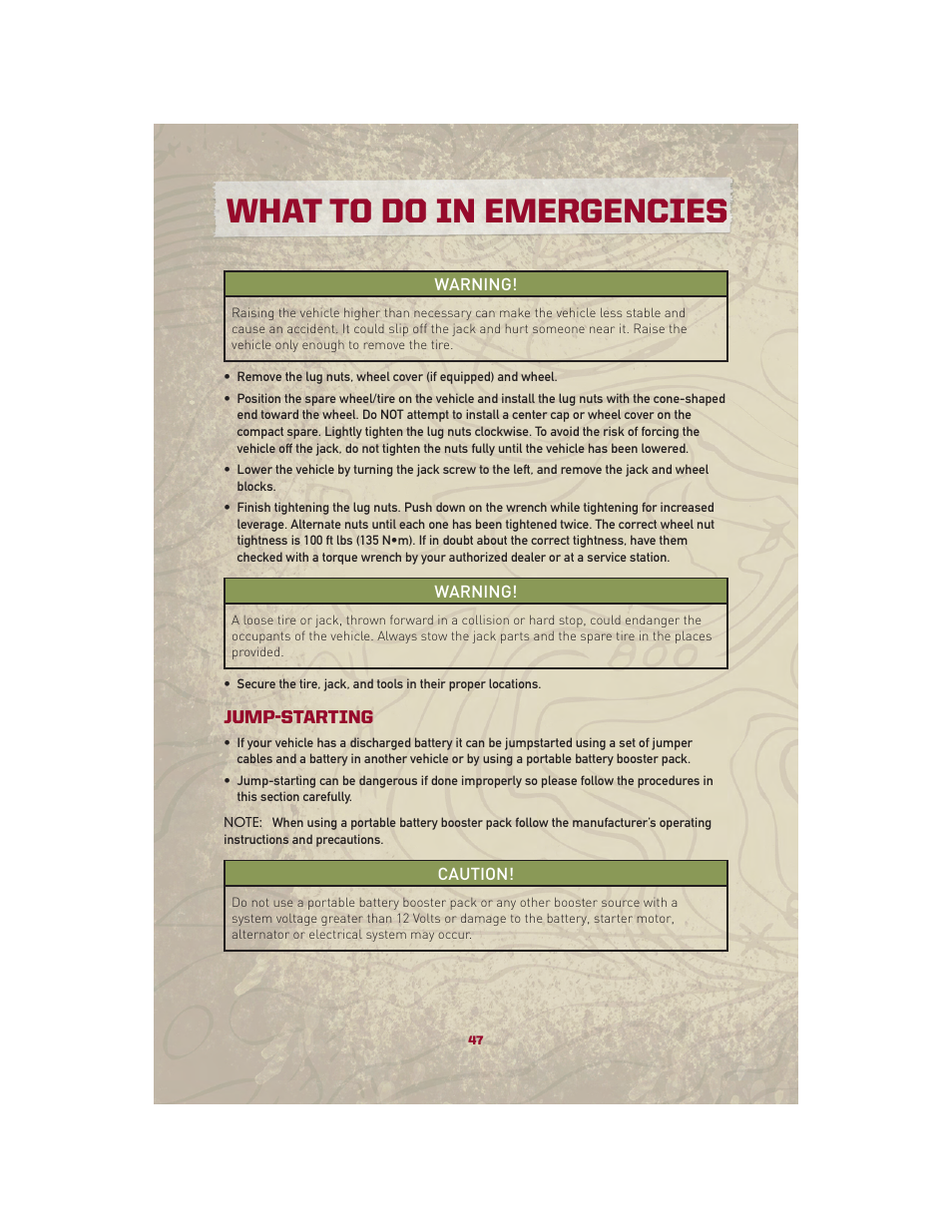 Jump-starting, What to do in emergencies | Jeep 2010 Patriot - User Guide User Manual | Page 49 / 72