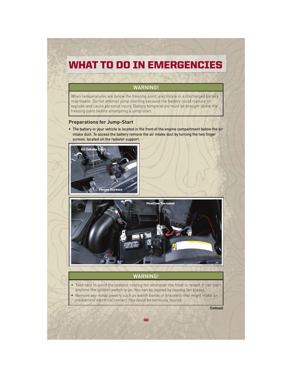 Preparations for jump-start, What to do in emergencies | Jeep 2010 Patriot - User Guide User Manual | Page 50 / 72