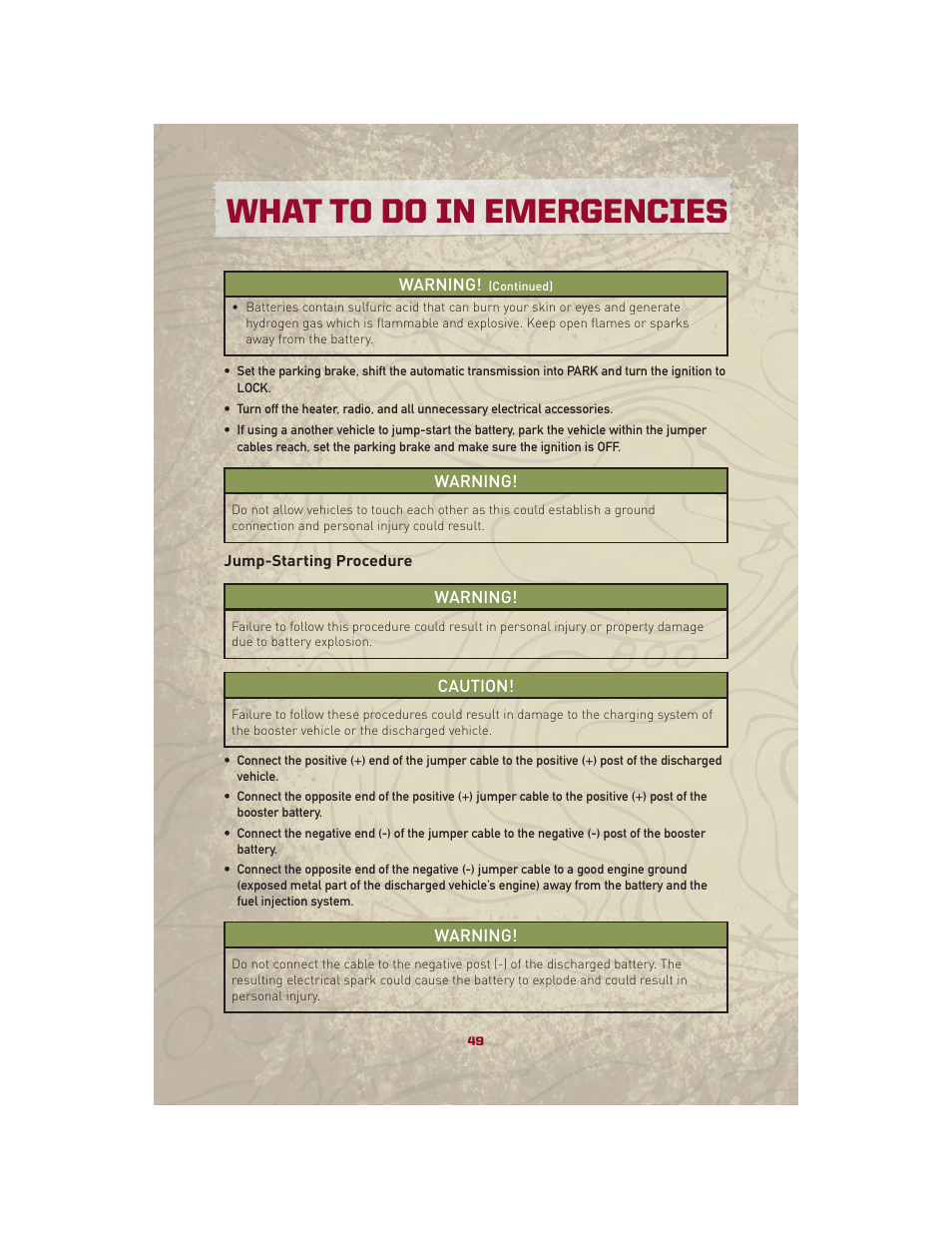 Jump-starting procedure, What to do in emergencies | Jeep 2010 Patriot - User Guide User Manual | Page 51 / 72