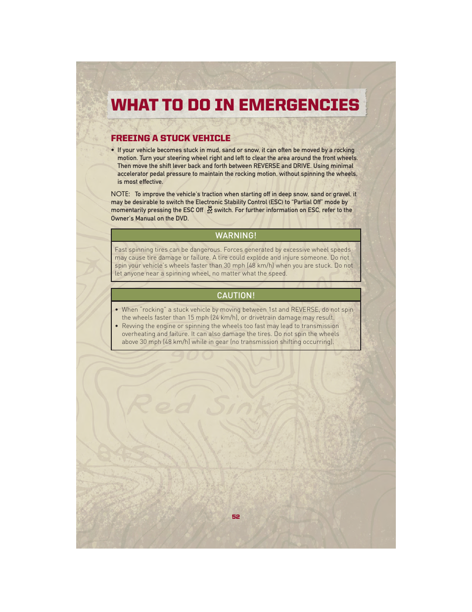 Freeing a stuck vehicle, What to do in emergencies | Jeep 2010 Patriot - User Guide User Manual | Page 54 / 72