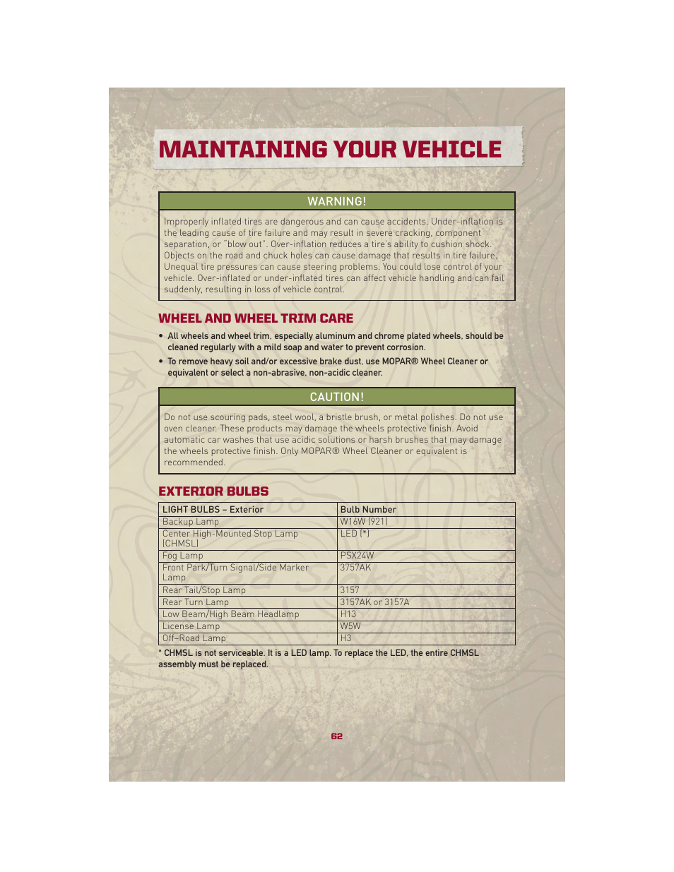 Wheel and wheel trim care, Exterior bulbs, Maintaining your vehicle | Jeep 2010 Patriot - User Guide User Manual | Page 64 / 72