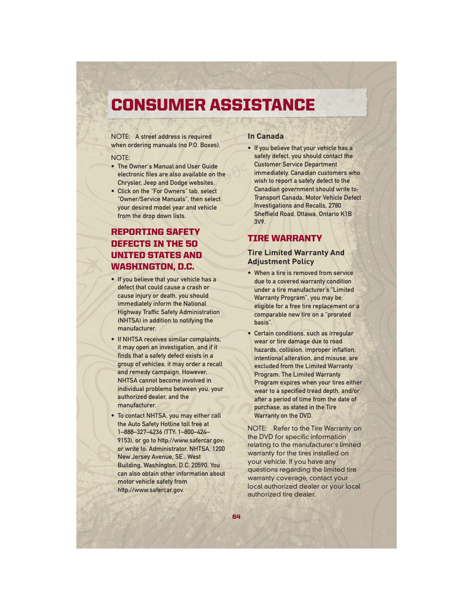 In canada, Tire warranty, Tire limited warranty and adjustment policy | Consumer assistance | Jeep 2010 Patriot - User Guide User Manual | Page 66 / 72