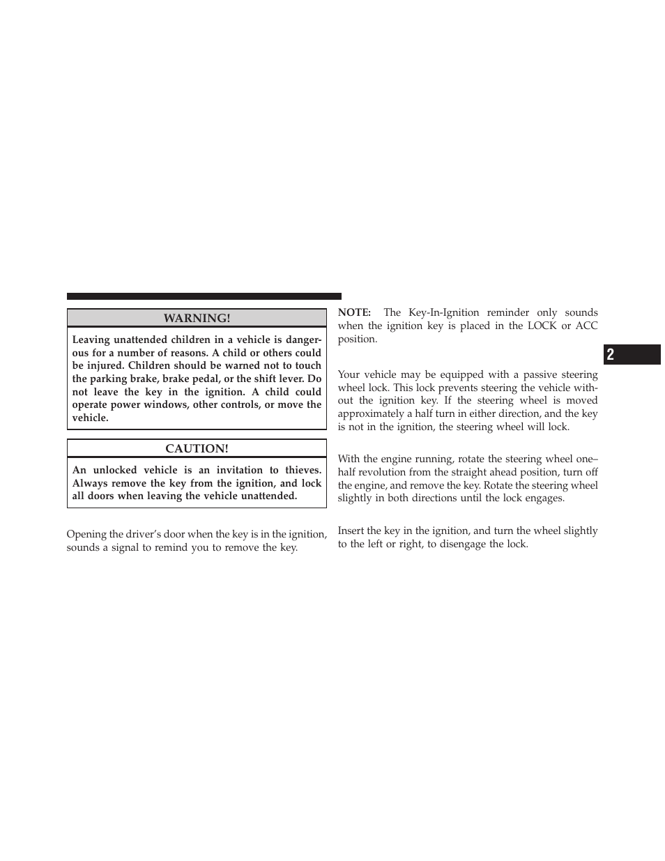 Key-in-ignition reminder, Steering wheel lock, To manually lock the steering wheel | To release the steering wheel lock | Jeep 2010 Wrangler Unlimited - Owner Manual User Manual | Page 14 / 554