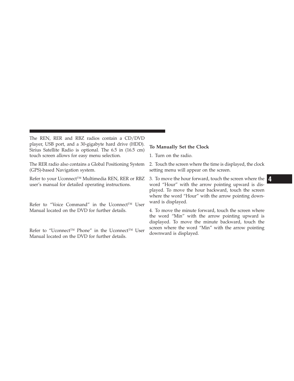 Clock setting procedure — rbz radio, Operating instructions — voice command, System — if equipped | Operating instructions — uconnect™ phone, If equipped | Jeep 2010 Wrangler Unlimited - Owner Manual User Manual | Page 284 / 554