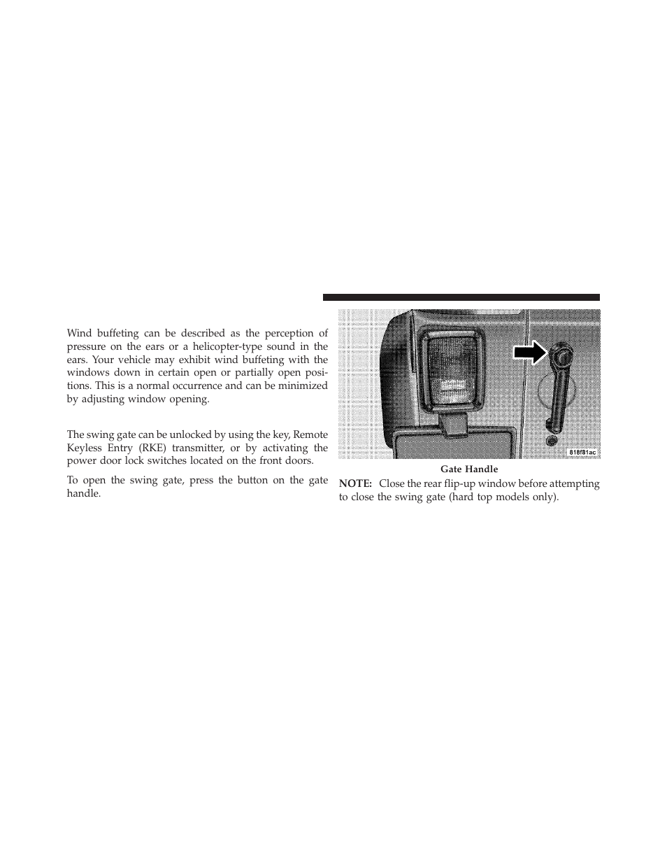 Wind buffeting, Rear swing gate | Jeep 2010 Wrangler Unlimited - Owner Manual User Manual | Page 37 / 554