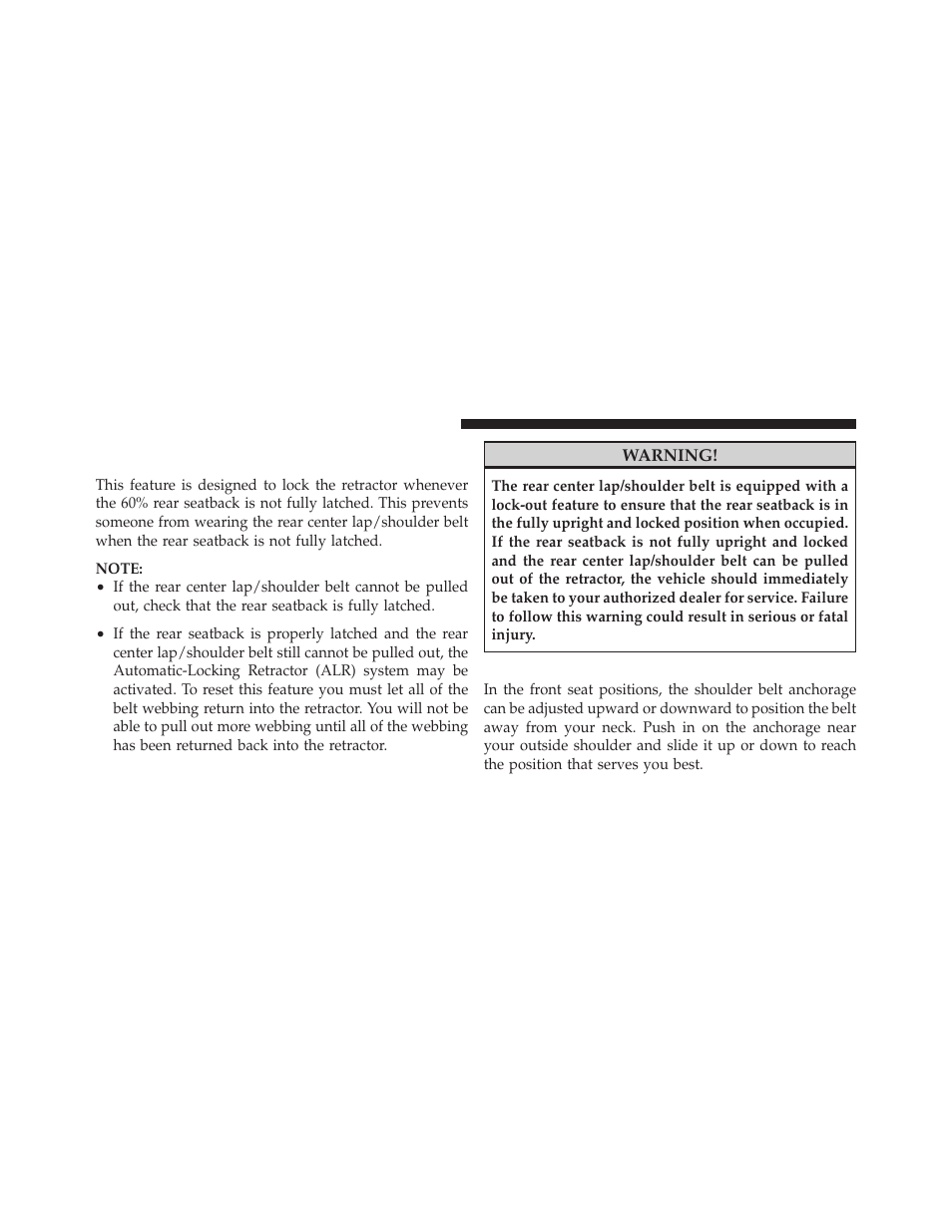 Adjustable upper shoulder belt anchorage, Rear center lap/shoulder belt retractor, Lockout (four-door models only) | Jeep 2010 Wrangler Unlimited - Owner Manual User Manual | Page 45 / 554