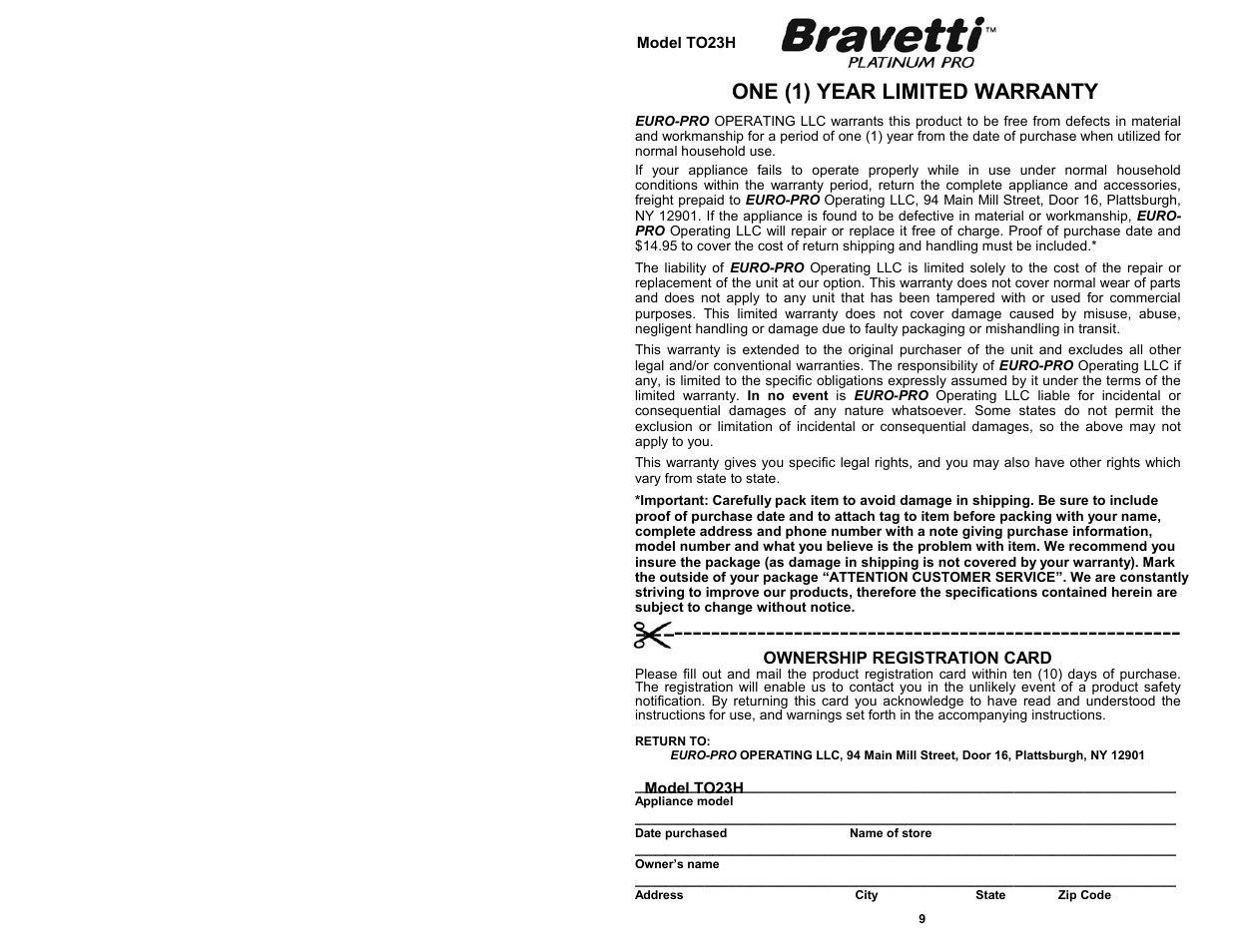 One (1) year limited warranty | Bravetti TO23H User Manual | Page 2 / 6