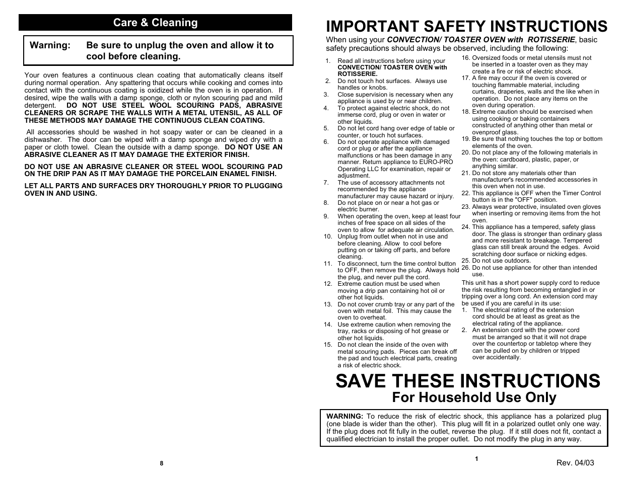 Save these instructions, Important safety instructions, For household use only | Care & cleaning | Bravetti TO23H User Manual | Page 3 / 6