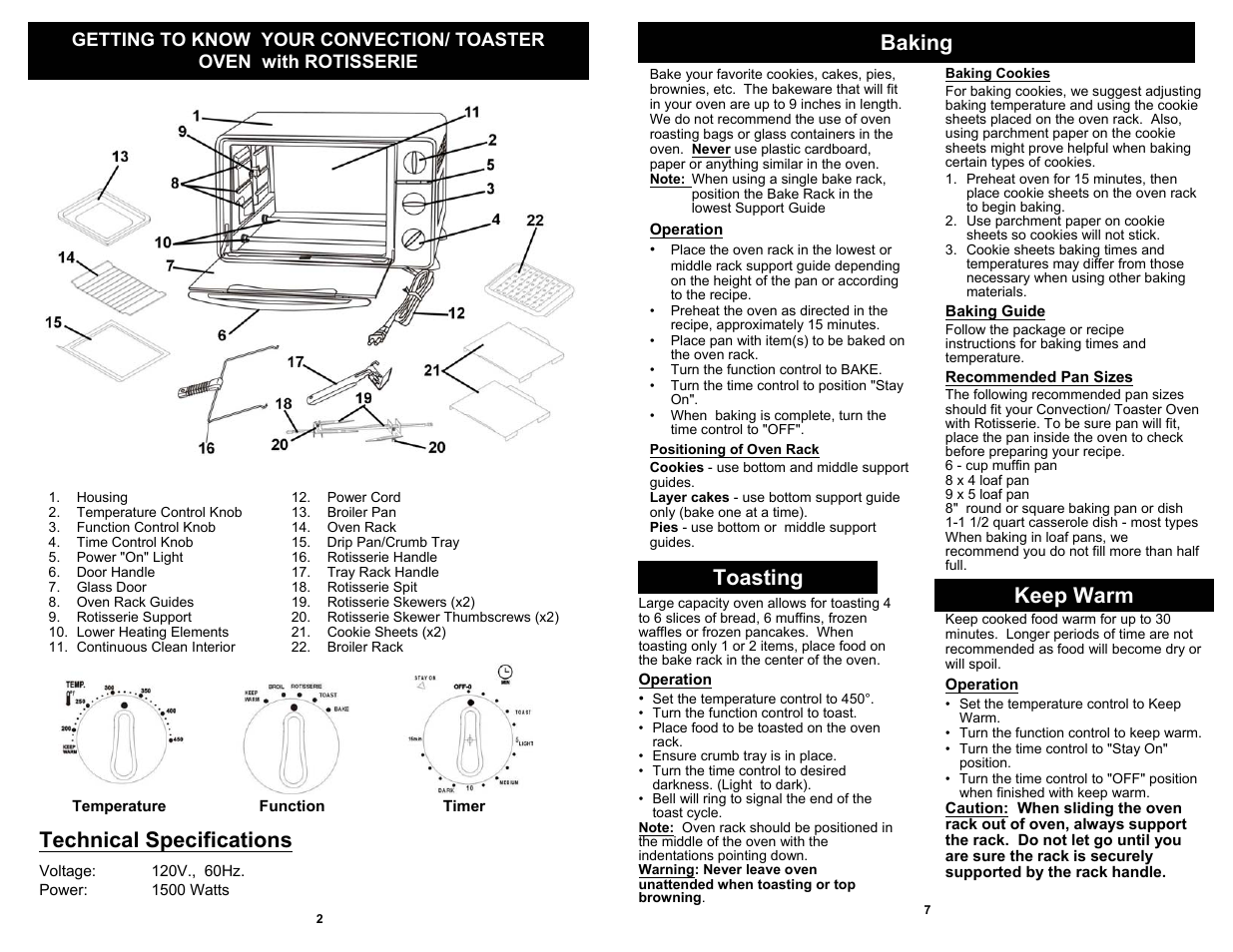 Baking, Toasting, Keep warm | Technical specifications | Bravetti TO23H User Manual | Page 4 / 6
