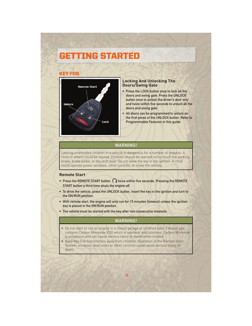 Getting started, Key fob, Locking and unlocking the doors/swing gate | Remote start | Jeep 2010 Wrangler Unlimited - User Guide User Manual | Page 10 / 72